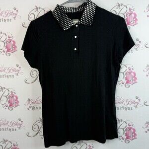 Lopez polo shirt collared button Elegant Black Women's Top with Polka Dot Collar